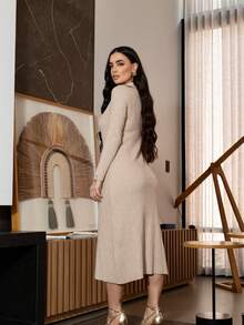 Vestido Tricot Midi Gola Polo Modal - Bege - Visão 4