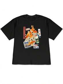 Nouveau T-shirt à épaules tombantes printemps/été 2026, manches courtes, style collage japonais avec motifs de poissons rouges, journaux, boissons et petite télévision, avec étiquettes japonaises - Noir - Voir 1