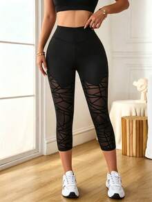 Women's Fashion Fitted Capris With Hollow Mesh Patchwork Design, Butt-Lifting Tummy-Control Leggings, And Fabric Black Sports Summer - Black - View 3