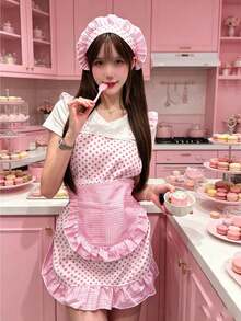 1Set Princess Wave Point Apron Chef Hat Set, Suite As Christmas,Saudi Arabia National Day Baking Set .Easy Clean Cooking Apron, Pink Cute Baking Apron, Perfect Festival/Valentine's Day Gift - Pink - View 4