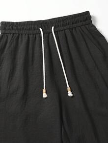男士仿亞麻純色休閒直筒長褲，極簡日常通勤百搭紋理亞麻感長褲 - 黑色 - 查看 4
