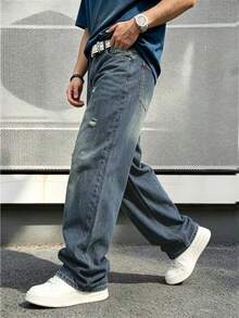 Men's Y2K Vintage Mid-Blue Distressed Ripped Loose Wide Leg Denim Jeans, Oversized Skateboard Streetwear Style - Medium Wash - View 5