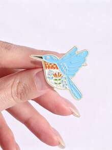 Broche Vintage Boho de Colibrí Esmaltado con Corazón Floral y Borde Dorado, Alfiler de Metal para Decoración de Bolso, Accesorio - Celeste - Ver 6