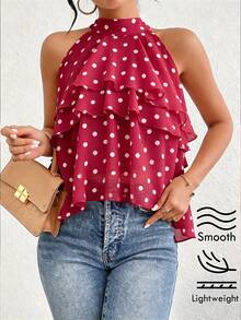 New Women's Medium Purple Polka Dot Halter Neck Chiffon Top, Multi-Layer Ruffle Casual Elegant Sleeveless Top, Festival, Beach Summer - Red Violet - View 5