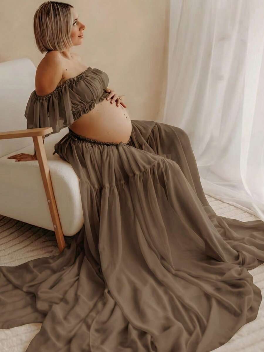 Maternity Strapless Ruffle Hem Dress, Chiffon Moderate Stretch Ruffle Detail Front Slit Ruffle Hem Maternity Photography Baby Shower Party Dress Fall - Brown - View 1