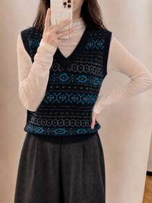Alicedudu Women's Wool Blend Yarn Autumn Vintage Old Money Style Pattern V-Neck Pullover Sweater Vest Black Fall - Black - View 5
