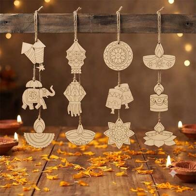 12pcs Wooden Diwali Decorations For Home Rustic Wood Hanging Ornaments, Festival Diya Elephant Mandala Lantern Decor, Deepavali Puja Room Backdrop, Holiday Party Supplies