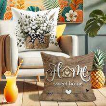 4PCS Country-Style Eucalyptus Throw Pillow Cover, Vintage Truck Buffalo Check Bowknot With 'Bless Our Home, Cozy Home' Letter Print Square Pillow Cover, Neutral Farmhouse-Style Sofa Home Decor, Single-Sided Without Pillow Insert - Brown - View 8