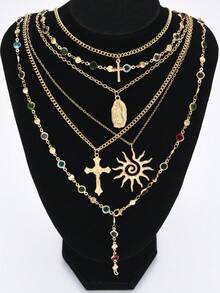6pcs Y-Shaped Necklace Layering Set, Fashion Minimalist Elegant Exquisite Vintage Design Geometric Sun Cross Colorful Rhinestone Bling Bling Shiny Embossed Texture Minimalist Plain Chain Pendant Multi-Layer Necklace Set, Y-Shaped Necklace Long Necklace, Holiday Vacation Party Date Gift, Daily Commute Wear, Personalized - Yellow Gold - View 3