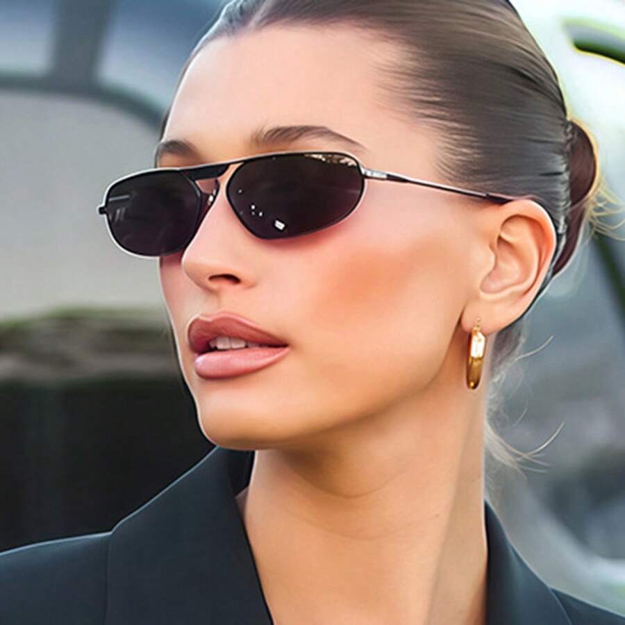 1 pièce Lunettes de mode pour femmes, pont unique, ovale, nouveau style européen et américain, lunettes d'aviateur rétro, look premium pour les vacances, les fêtes, les cadeaux - Noir - Voir 1