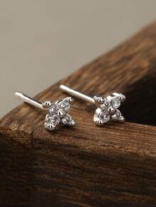 Mini Flower Four-Leaf Clover Zirconia Stud Earrings - Silver - View 1