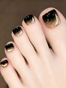 12pcs Black & Gold Gradient French Manicure Fake Nails, Y2K Style Reusable Acrylic Fake Toenails Set - 金色 - 查看 1