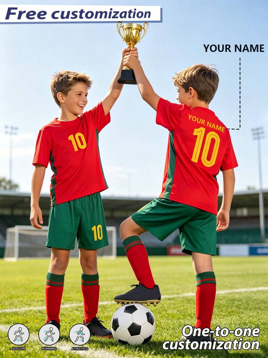 Kids New Red & Green Football Jersey Set #10, Personalized Name Custom Soccer Uniform For Boys & Girls, Suitable For Football Party, Weekend Casual, Running, Yoga, Hiking -- Spring/Summer Sportswear, Suitable For Outdoor Activities