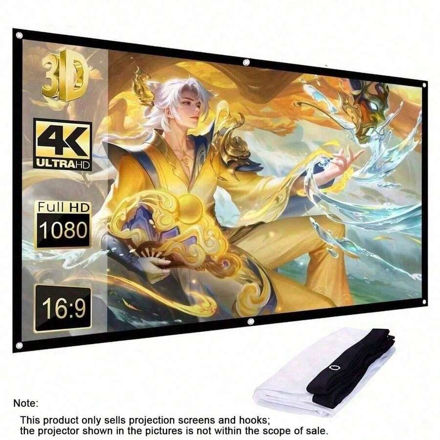 可攜式折疊投影幕 16:9 寬螢幕比，支援 4K Ultra HD 1080P 3D，相容所有迷你與家用投影機，防皺抗折痕、輕量易安裝，附掛鉤，室內外家用劇院電影幕