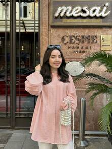 Plus Size Light Pink Woven Funnel Neck Top With Bishop Sleeves And Pleated Details, Casual Loose Regular Length Blouse Fall - Pink - View 2