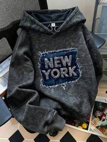 女款秋冬新款 NEW YORK 印花簡約休閒時尚百搭保暖內裡連帽衛衣 黑色 - 黑色 - 查看 6