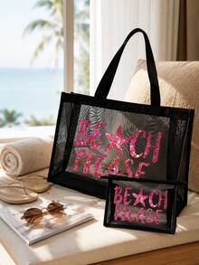 玫瑰紅亮片字母 BEACH 主題印花網眼托特包，「BEACH」字母與椰子樹圖案，大容量透明沙灘包，便利化妝包－度假必備、學生禮物、便攜式沙灘度假大容量單肩包、透明網眼化妝收納包，適合旅行、野餐、購物、辦公、外出、約會、日常使用、開學禮物、教師節禮物 - 彩色 - 查看 7