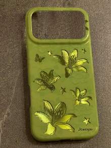 Casing Ponsel Mewah Motif Aurora Hijau Bunga Lili Kupu-kupu Bintang Kompatibel dengan iPhone 17 Pro Max 17 Pro 17 16 15 14 13 Pro Max Plus 15 Hijau Muda Pola Bunga Vintage Timbul Tekstur Riak Air Tidak Beraturan Berkilau - Hijau - View 5