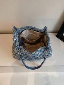 Fashion Striped Large Capacity Chain Zipper Tote - Daily Commute Shoulder Bag For Girls, Students, Office. - Blue - View 5