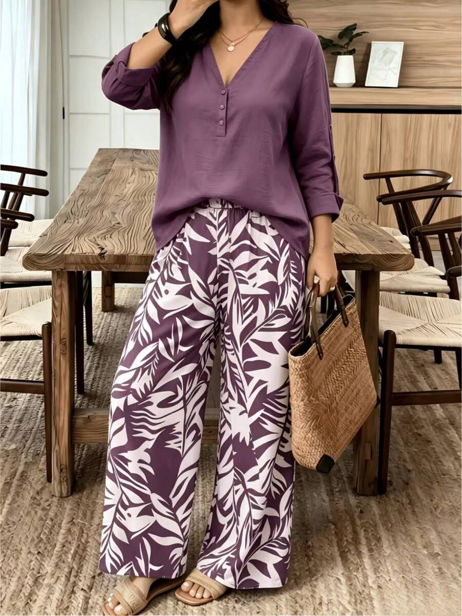 Women's 2 Piece Outfits, Long Sleeve Henley Top & Tropical Print Wide Leg Pants Set, Casual Loose Loungewear For Vacation, Beach, Daily Wear - 紫色 - 查看 1