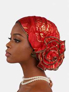 1件裝女款金色箔蕾絲花卉頭巾穆斯林 turban 帽落髮帽，適合日常配戴 - 紅色 - 查看 1