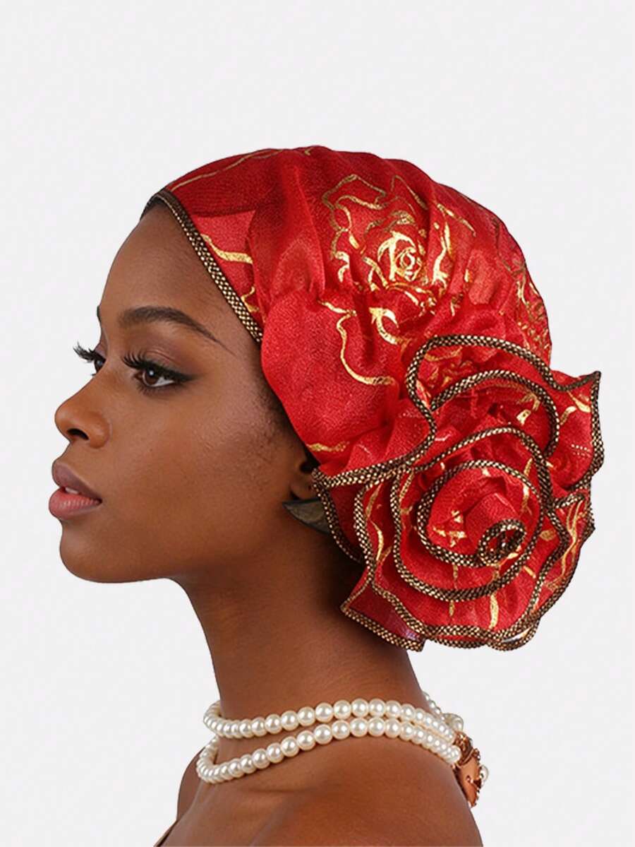 1件裝女款金色箔蕾絲花卉頭巾穆斯林 turban 帽落髮帽,適合日常配戴 - 紅色 - 查看 1