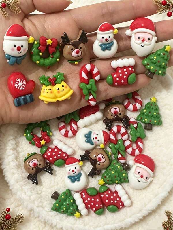 Christmas DIY Resin Small Accessories, Cream Glue Phone Case Hair Clip Handmade Decoration Patches, Cartoon Snowman/Santa Claus/Christmas Tree/Reindeer/Christmas Stocking/Candy Cane/Wreath/Bell Styles, For Phone Case/Hair Clip/Jewelry DIY Handmade Decoration Accessories, Scrapbooking, Keychain Decoration Handicraft Accessories