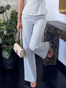 Conjunto de 2 piezas a juego con rayas estilo Y2K Preppy para mujer, top corto con volantes y pantalones acampanados de cintura alta, tela suave, para verano, uso diario, vacaciones y streetwear - Azul y blanco - Ver 1