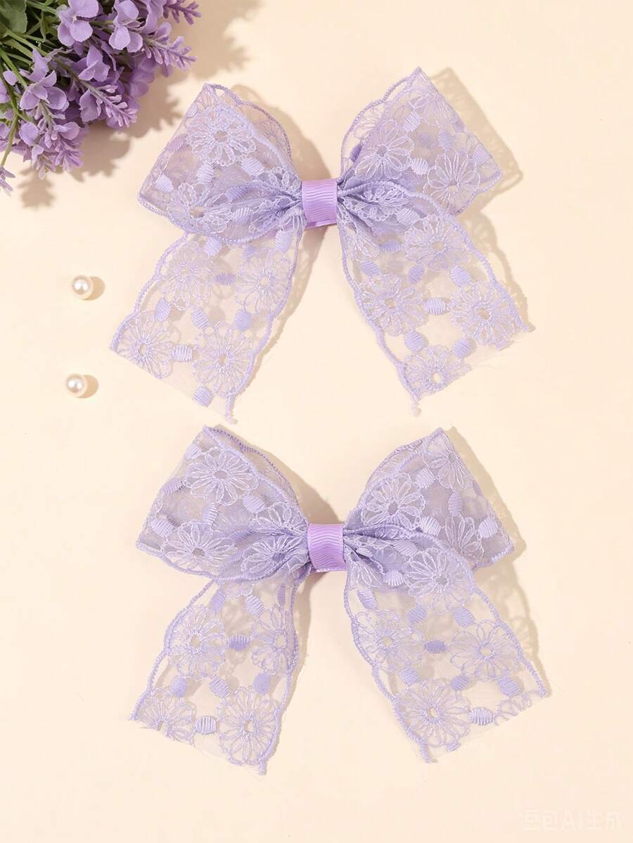 2件裝純色蕾絲蝴蝶結髮夾,紫色刺繡花朵髮夾,女童優雅婚禮派對髮飾,仙女風髮夾,嬰兒髮飾 - 紫色 - 查看 1