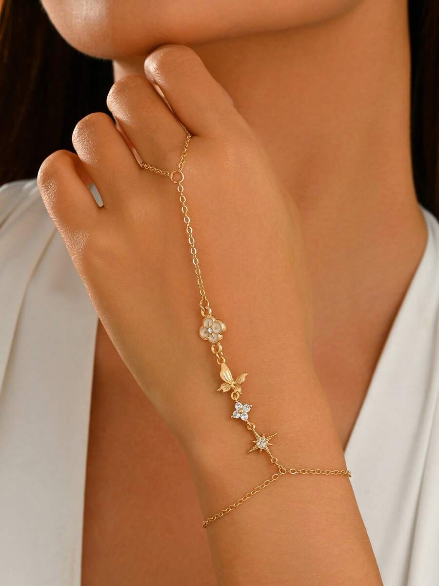 1pc French Gentle Style Flower Butterfly Clover Decor Finger Bracelet Fashion Minimalist Women's Hand Jewelry Suitable For Daily Wear, Beach Vacation, Date, Party, Music Festival - Multicolor - View 1