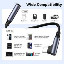 1/2入 USB-C 轉 3.5mm 耳機孔直角音訊轉接線，編織音訊轉換線，相容於 Phone 17/16 Pro Max/16 Pro/16 Plus/16/15/// 系列 3.5mm 音訊輔助線 - 灰色 - 查看 3