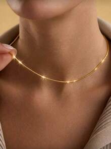 18K Gold Plated Stainless Steel Snake Chain Necklace For Women, Waterproof & Anti-Oxidation Fine Round Woven Collar, Minimalist Elegant Jewelry Gift - Gold - View 3
