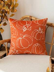 1pc Autumn Thanksgiving Minimalist Pumpkin Throw Pillow Cover, Orange Velvet With White Line Drawn Pumpkin Pattern Square Decor Cushion Case For Living Room Sofa Bed Holiday Party, Pillow Insert Not Included - Brown - View 3