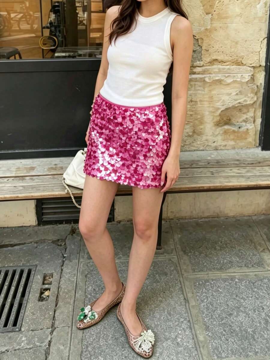 DEEKA 夏季新款女款優雅亮片裝飾龐克風迷你裙 - 玫紅 - 查看 1