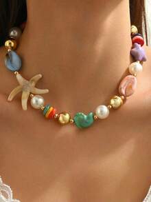 1pc Vacation Accessory Exaggerated Large Acrylic Starfish & Seashell Beaded Necklace, Beach Style Collarbone Chain - Multicolor - View 5