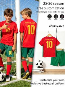 Kids New Red & Green Football Jersey Set #10, Personalized Name Custom Soccer Uniform For Boys & Girls, Suitable For Football Party, Weekend Casual, Running, Yoga, Hiking -- Spring/Summer Sportswear, Suitable For Outdoor Activities - Red - View 3