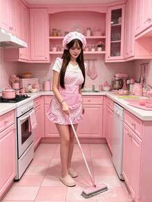1Set Princess Wave Point Apron Chef Hat Set, Suite As Christmas,Saudi Arabia National Day Baking Set .Easy Clean Cooking Apron, Pink Cute Baking Apron, Perfect Festival/Valentine's Day Gift - Pink - View 2