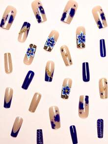 24pcs/Set Elegant Navy Blue Wavy 3D Embossed Floral & Leopard Print Full Cover Press-On Nails, Includes 1 Gel Polish And 1 Nail File, Suitable For Daily Wear, Parties, Afternoon Tea, Etc. - Multicolor - View 3