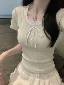 新款修身對比色 2 合 1 甜美短袖 T-shirt 上衣 休閒夏季款 - 杏色 - 查看 1
