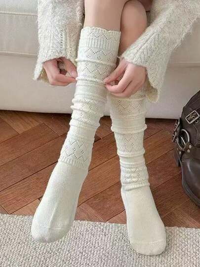 1 Pair Women's White Hollow Knit Mid-Calf Socks, Wool Blend Layered Warm Socks, Sweet Japanese Style, Suitable For Autumn/Winter And Daily Wear