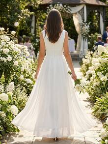 YUMIBRAVO Elegant Wedding Dress For Bridal, Long White Dress For Women, Dress For Destination Wedding,Formal Dress For Women Fall - White - View 6