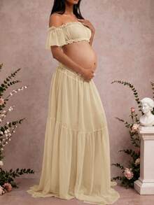 Maternity Strapless Ruffle Hem Dress, Chiffon Moderate Stretch Ruffle Detail Front Slit Ruffle Hem Maternity Photography Baby Shower Party Dress Fall - Apricot - View 5