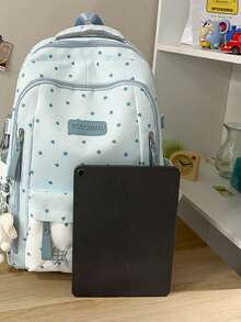 Blue & White Star Heart Backpack, Girl's Musical Note Embroidery School Bag, Birthday Gift Commuter Backpack For Middle & High School Students - Blue - View 5