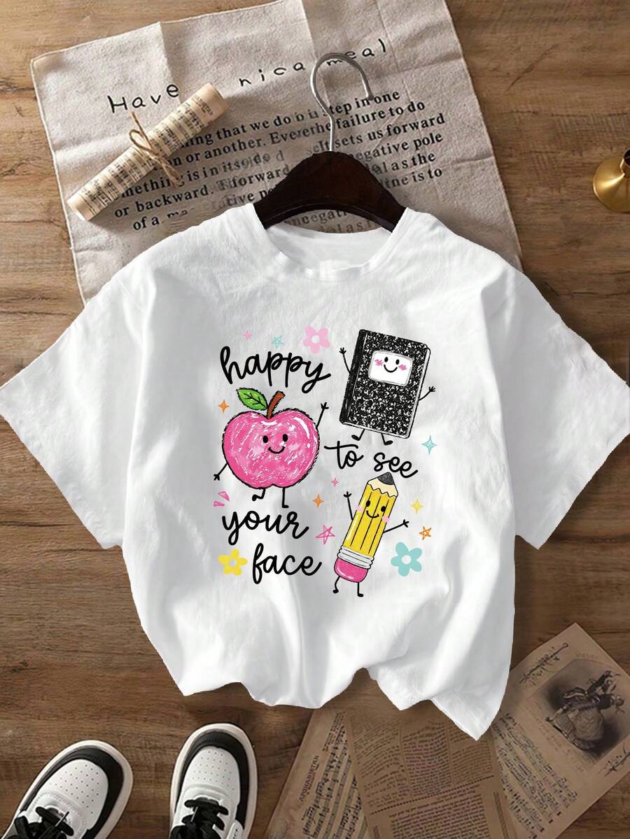 Plus Size Women's Daily Backpack With Crayon Apple Print Round Neck Short Sleeve Casual Spring/Summer/Fall Plus-Size T-Shirt Top Summer Holiday Outfits White - White - View 1