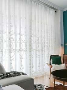 1pc White Floral Embroidered Sheer Curtain, Luxury Style Faux Linen Material Embroidered Sheer Curtain, Suitable For Living Room, Bedroom Windows And Door Decoration, Curtain Rod Not Included - White - View 10