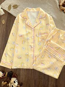 Women's Long Pants Pajama Set, Cute Cat And Moon Print Long Sleeve Button-Up Top, Soft Striped Loungewear, 2-Piece Sleepwear - Yellow - View 1
