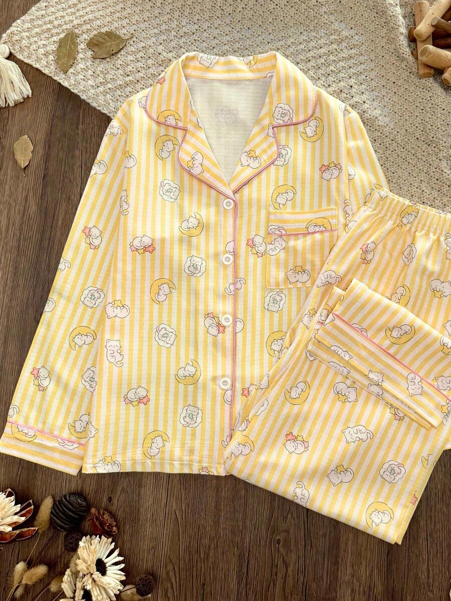 Women's Long Pants Pajama Set, Cute Cat And Moon Print Long Sleeve Button-Up Top, Soft Striped Loungewear, 2-Piece Sleepwear - Yellow - View 1