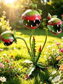 1/2 pezzi Cartelli decorativi divertenti per giardino a forma di carne, decorazione da esterno, scultura in metallo dipinto 3D a tre teste con fiori, rastrelliera per rampicanti da orto, vaso per fiori, cartelli decorativi per giardino e prato - convenzionale - Visualizzare 1