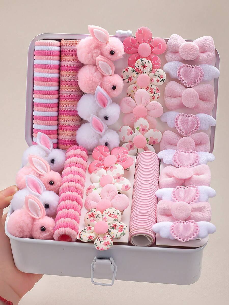 199pcs Pink Kids Sweet Cute Hair Accessories Set, Includes 3D Plush Rabbit/Flower/Heart Wings/Bow Hair Clips And Multiple High Elasticity Basic Hair Ties, Suitable For Children's Daily/Party/Photo Use - Multicolor - View 1