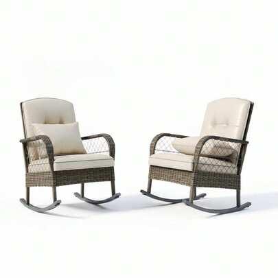3 Piece Wicker Swivel Rocking Chair Set,Patio Rattan Rocker Chair With Cushions & Steel Frame,Conversation Furniture Set For Patio,Lawn,Outdoor